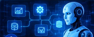 AI-generated business automation concept with connected workflow nodes and AI assistant