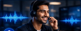 AI-generated voice support concept with a support professional and audio waveform