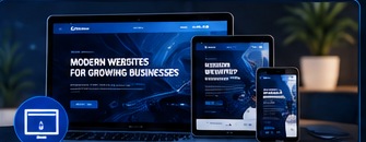 AI-generated responsive website design and development concept across desktop, tablet and mobile